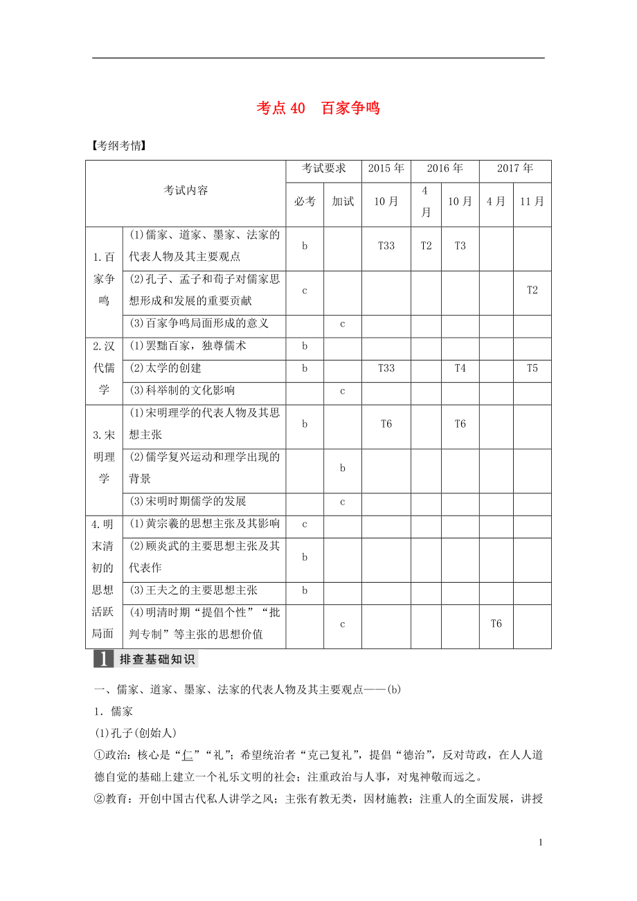 （浙江選考）2019版高考?xì)v史一輪總復(fù)習(xí) 專題十六 中國傳統(tǒng)文化主流思想的演變 考點(diǎn)40 百家爭(zhēng)鳴學(xué)案_第1頁