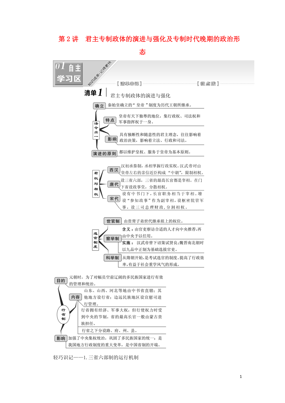 （江蘇專版）2020版高考?xì)v史一輪復(fù)習(xí) 模塊一 政治文明歷程 專題一 古代中國的政治制度 第2講 君主專制政體的演進(jìn)與強(qiáng)化及專制時(shí)代晚期的政治形態(tài)學(xué)案（含解析）人民版_第1頁