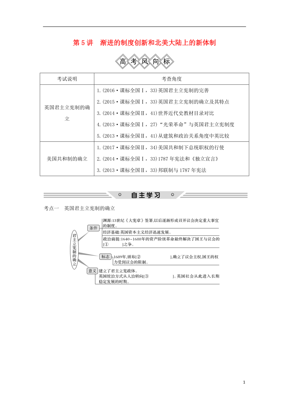 2019屆高考?xì)v史一輪復(fù)習(xí) 第二單元 西方政治文明的演進(jìn) 第5講 漸進(jìn)的制度創(chuàng)新和北美大陸上的新體制學(xué)案 岳麓版_第1頁(yè)