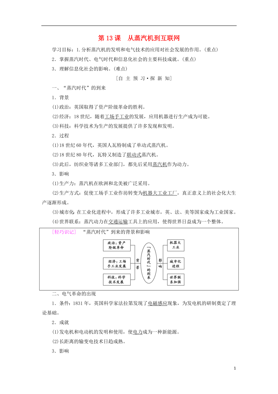 （全國通用版）2018-2019高中歷史 第四單元 近代以來世界的科學(xué)發(fā)展歷程 第13課 從蒸汽機到互聯(lián)網(wǎng)學(xué)案 新人教版必修3_第1頁