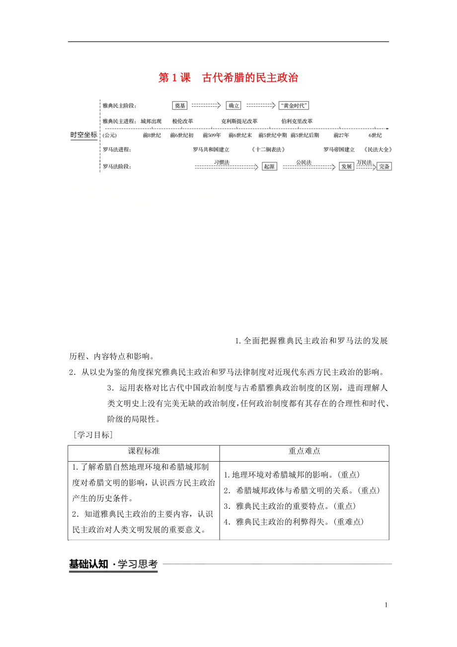 （全国通用版）2018-2019学年高中历史 专题六 古代希腊、罗马的政治文明 第1课 古代希腊的民主政治学案 人民版必修1_第1页