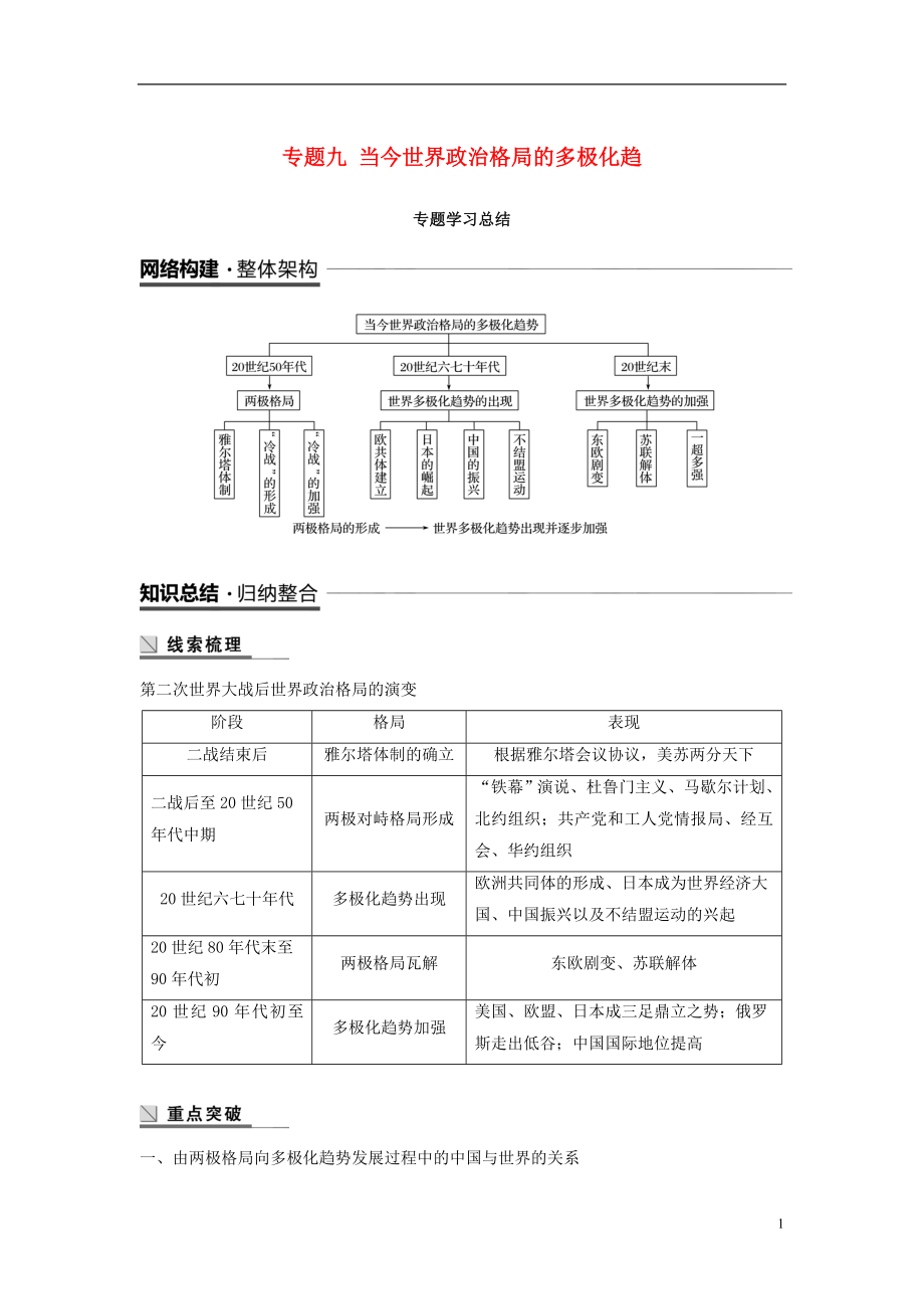 （全國通用版）2018-2019學(xué)年高中歷史 專題九 當(dāng)今世界政治格局的多極化趨專題學(xué)習(xí)總結(jié)學(xué)案 人民版必修1_第1頁