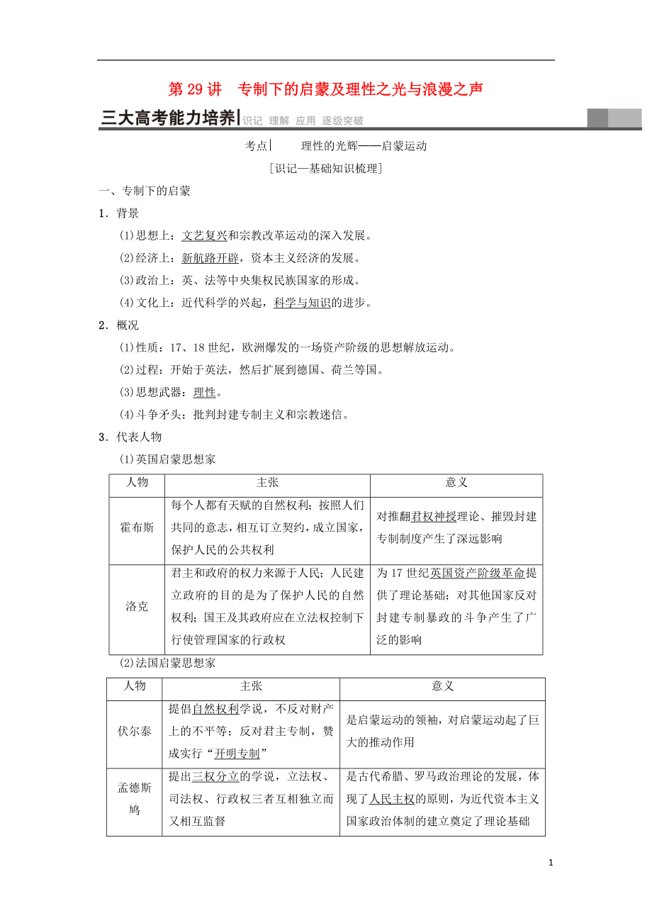 （通用版）2019高考?xì)v史總復(fù)習(xí) 專題14 西方人文精神的起源與發(fā)展 第29講 專制下的啟蒙及理性之光與浪漫之聲學(xué)案 人民版_第1頁