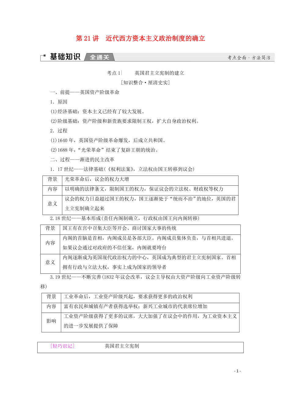 （通史版）2020版高考?xì)v史一輪復(fù)習(xí) 第3部分 第七單元 工業(yè)革命前的世界 第21講 近代西方資本主義政治制度的確立教學(xué)案（含解析）新人教版_第1頁(yè)