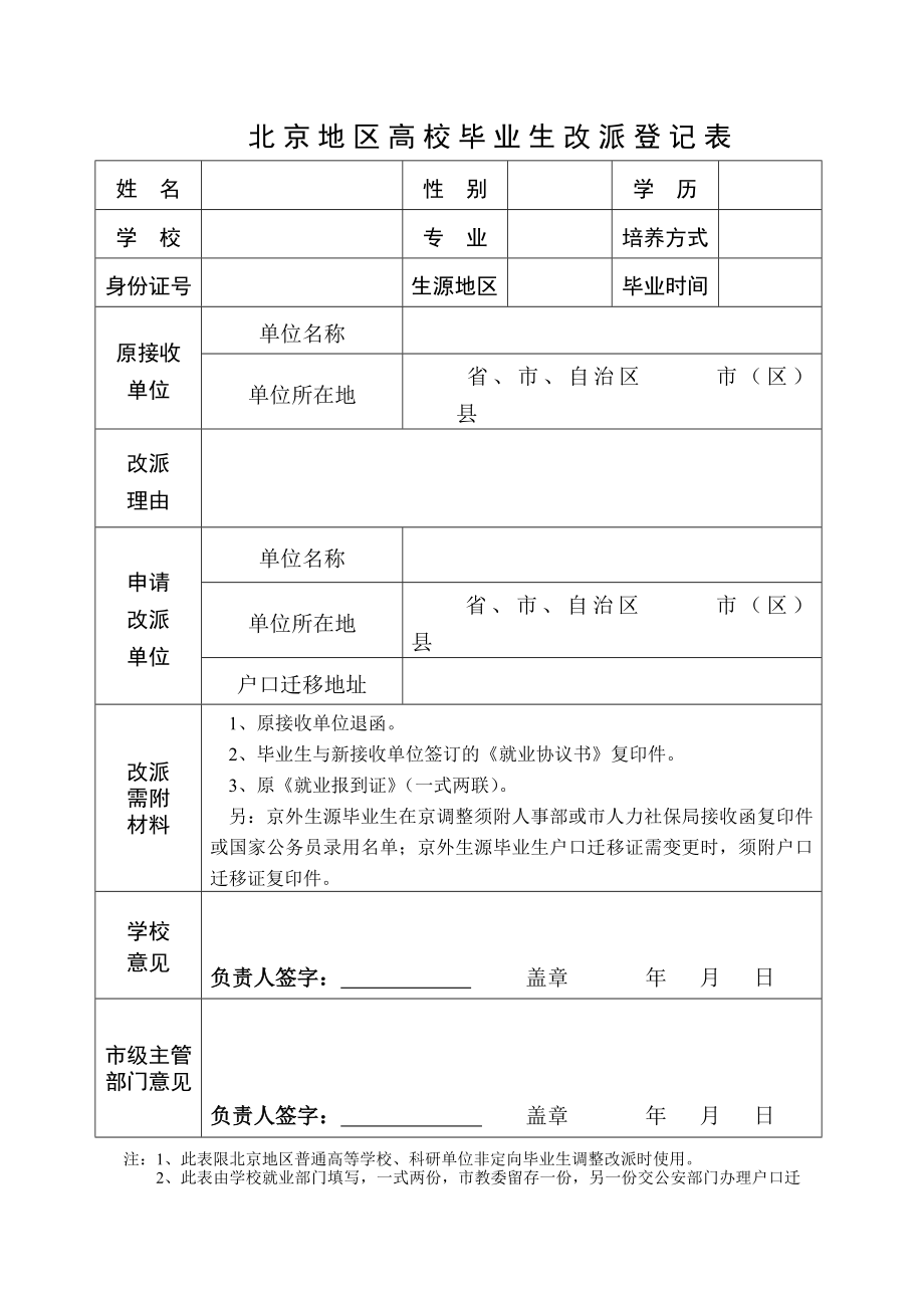 北京地区高校毕业生改派登记表_第1页