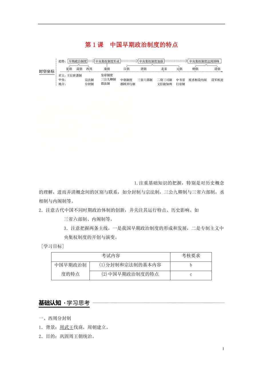 （浙江專用版）2018-2019高中歷史 專題一 古代中國(guó)的政治制度 第1課 中國(guó)早期政治制度的特點(diǎn)學(xué)案 人民版必修1_第1頁(yè)