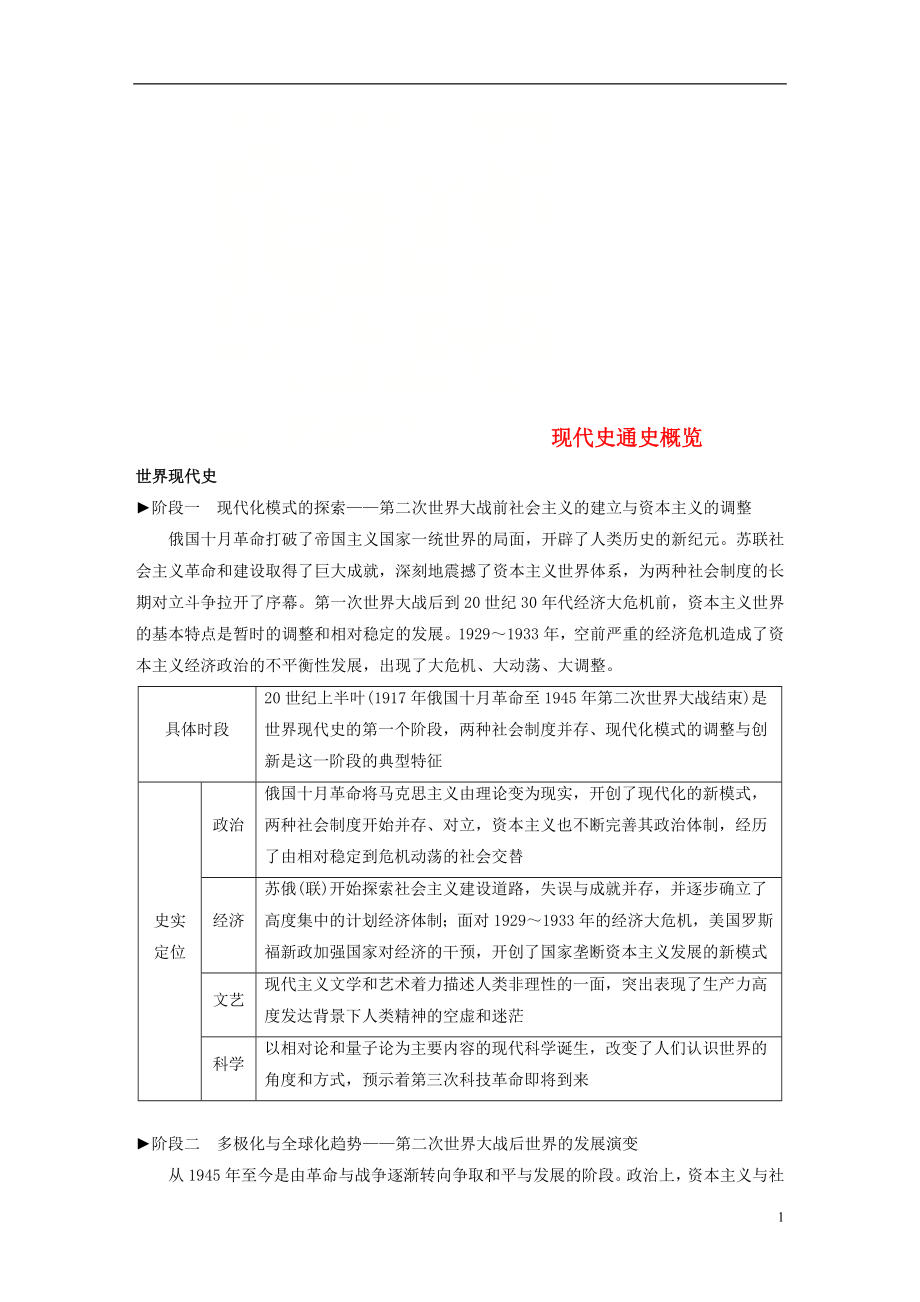 （江蘇專用）2019版高考歷史二輪復習 板塊三 現代史部分 現代史通史概覽學案_第1頁