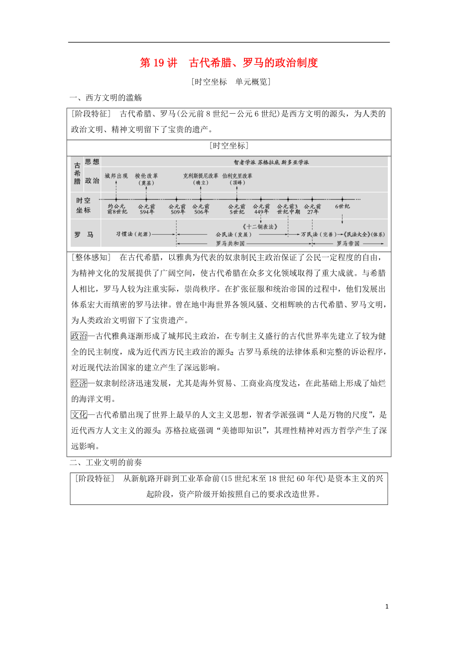 （通史版通用）2019版高考歷史一輪總復(fù)習(xí) 第3部分 世界古代近代史 第7單元 第19講 古代希臘、羅馬的政治制度學(xué)案_第1頁