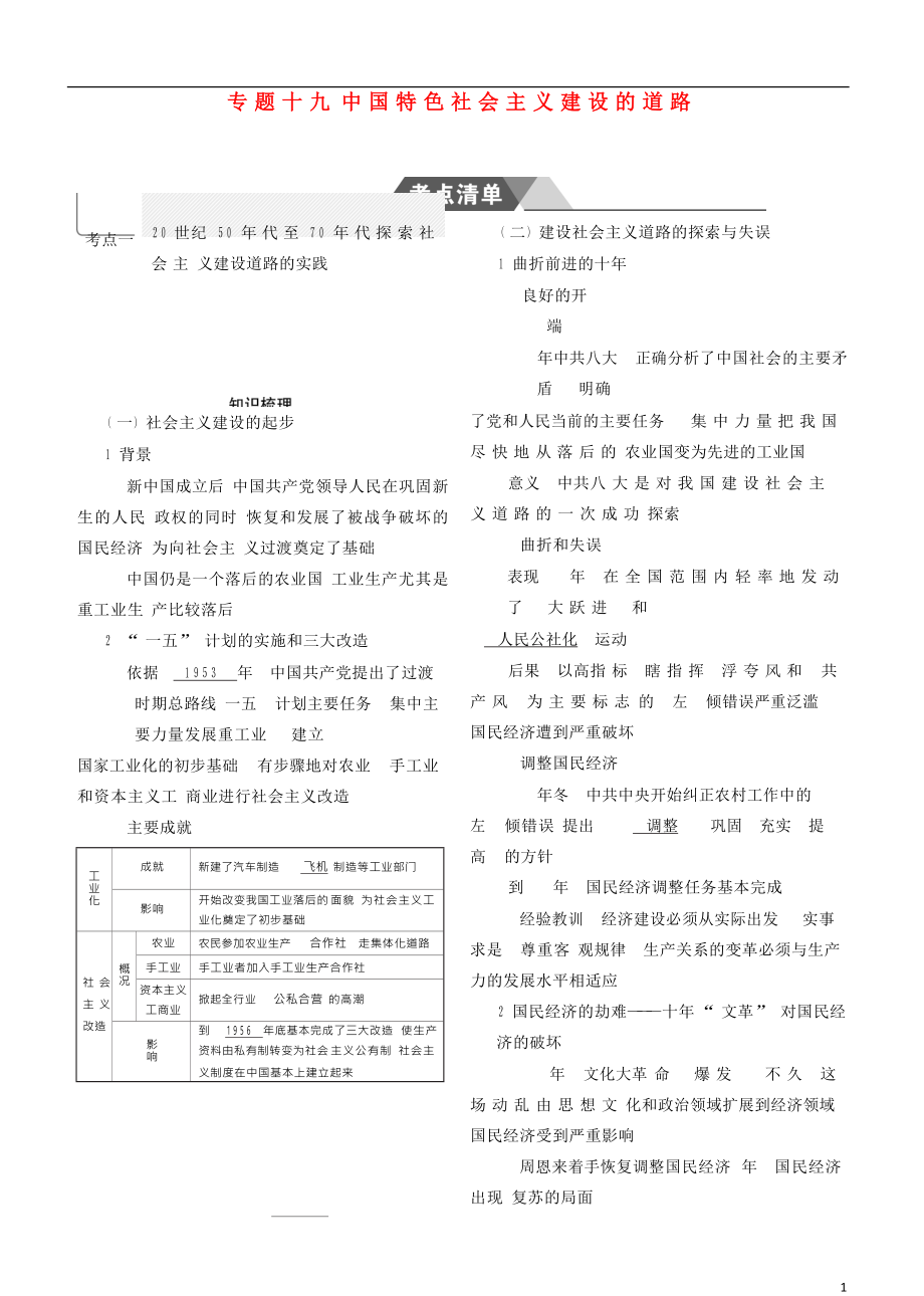 （新課標(biāo)Ⅰ）2019高考?xì)v史一輪復(fù)習(xí) 專題十九 中國(guó)特色社會(huì)主義建設(shè)的道路學(xué)案 人民版_第1頁(yè)