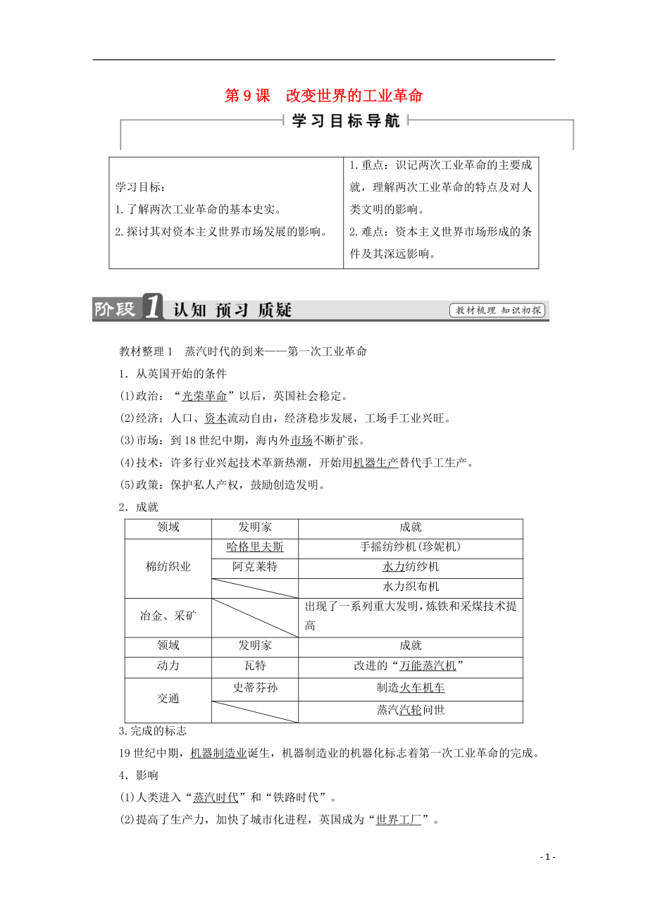 2016-2017學(xué)年高中歷史 第二單元 工業(yè)文明的崛起和對(duì)中國(guó)的沖擊 第9課 改變世界的工業(yè)革命學(xué)案 岳麓版必修2_第1頁(yè)