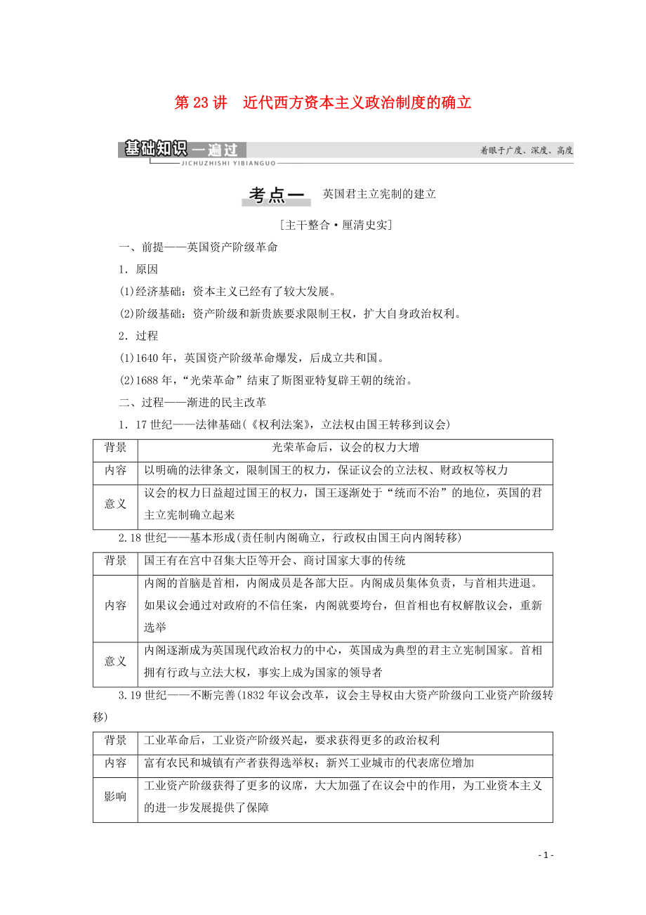 （通史版）2021版高考?xì)v史一輪復(fù)習(xí) 第3部分 第8單元 工業(yè)革命前的世界 第23講 近代西方資本主義政治制度的確立教學(xué)案_第1頁