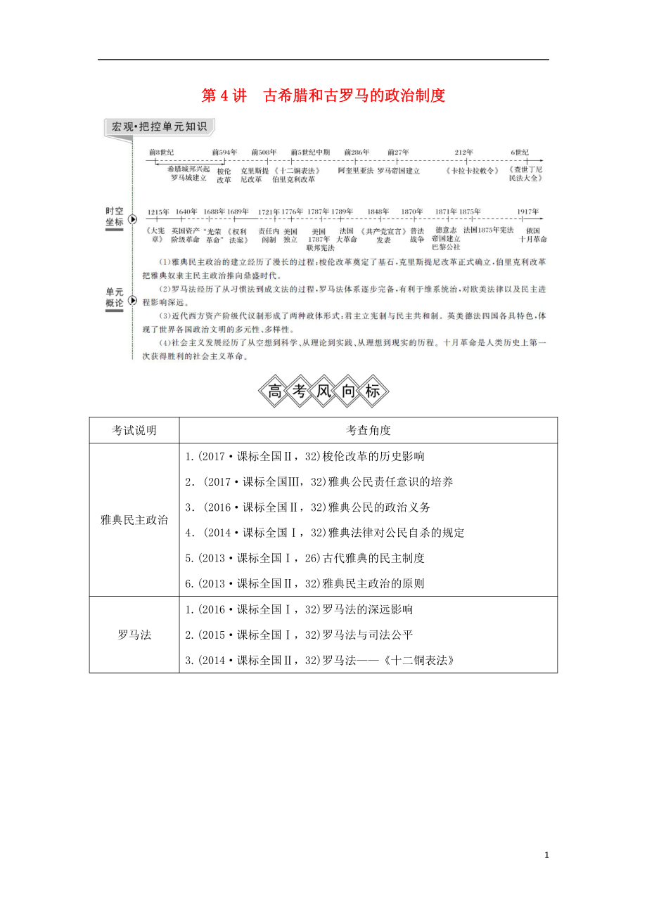 2019屆高考?xì)v史一輪復(fù)習(xí) 第二單元 西方政治文明的演進(jìn) 第4講 古希臘和古羅馬的政治制度學(xué)案 岳麓版_第1頁