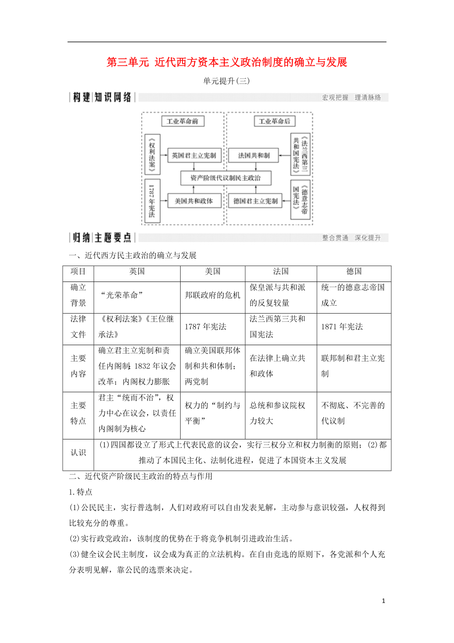 2018年秋高中歷史 第三單元 近代西方資本主義政治制度的確立與發(fā)展單元提升學案 新人教版必修1_第1頁