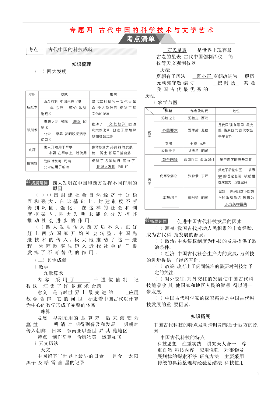 （新课标Ⅰ）2019高考历史一轮复习 专题四 古代中国的科学技术与文学艺术学案 人民版_第1页