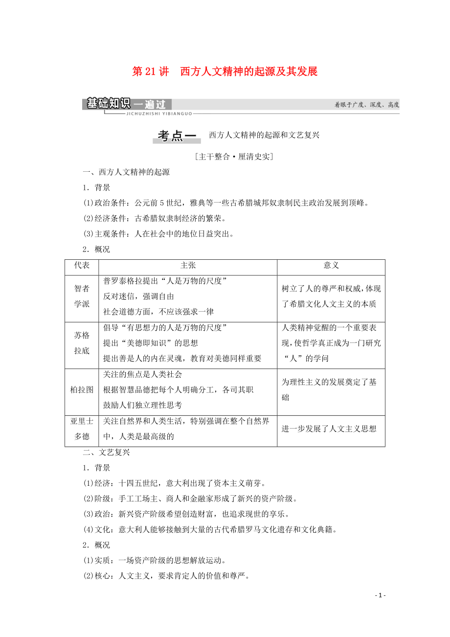 （通史版）2021版高考?xì)v史一輪復(fù)習(xí) 第3部分 第8單元 工業(yè)革命前的世界 第21講 西方人文精神的起源及其發(fā)展教學(xué)案_第1頁