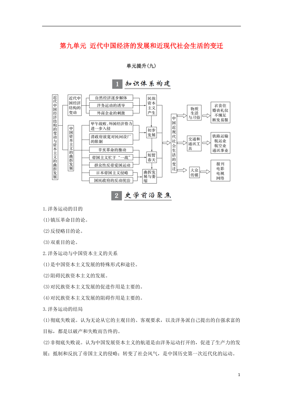 （江蘇專(zhuān)用）2019屆高考?xì)v史一輪復(fù)習(xí) 第九單元 近代經(jīng)濟(jì)的發(fā)展和近現(xiàn)代社會(huì)生活的變遷單元提升學(xué)案 新人教版_第1頁(yè)