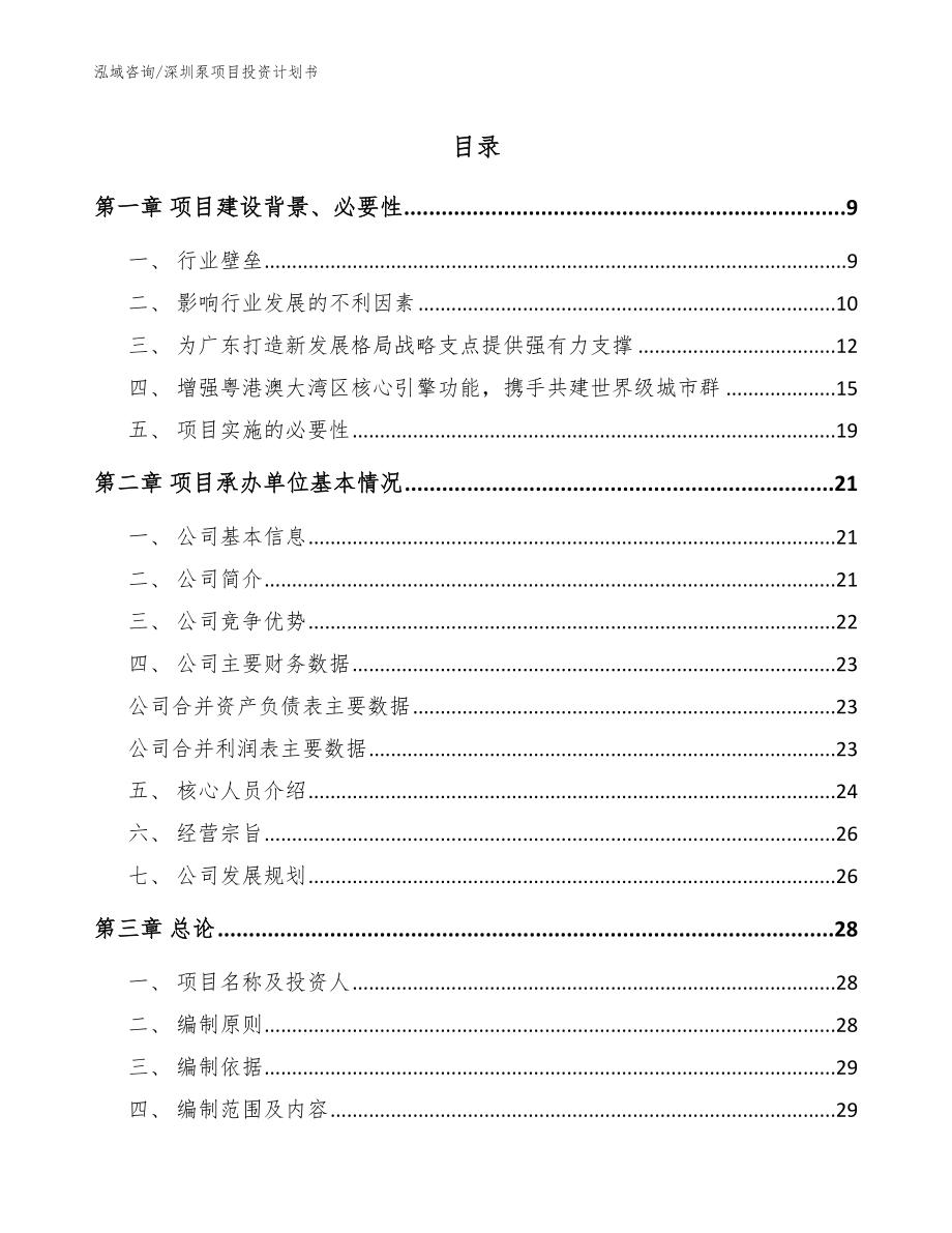 深圳泵项目投资计划书【范文参考】_第1页