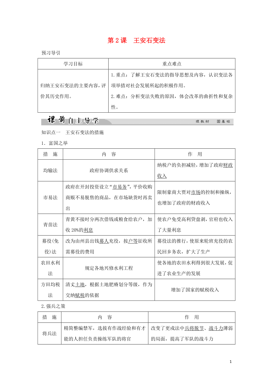 2018-2019學(xué)年高中歷史 專題四 王安石變法 4-2 王安石變法學(xué)案 人民版選修1_第1頁