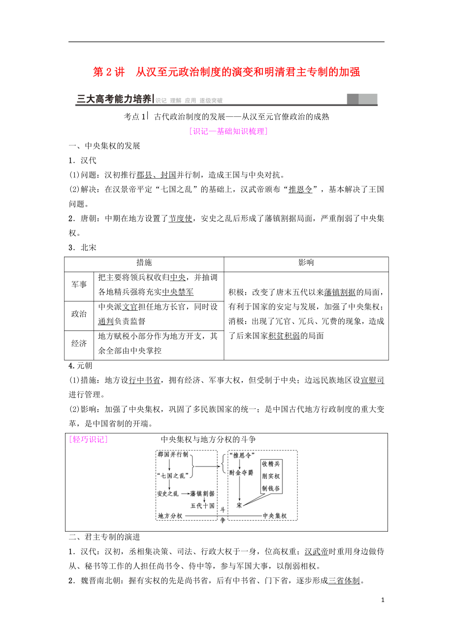 海南省2019屆高考?xì)v史一輪總復(fù)習(xí) 模塊一 政治成長歷程 第1單元 古代中國的政治制度 第2講 從漢至元政治制度的演變和明清君主專制的加強(qiáng)學(xué)案_第1頁