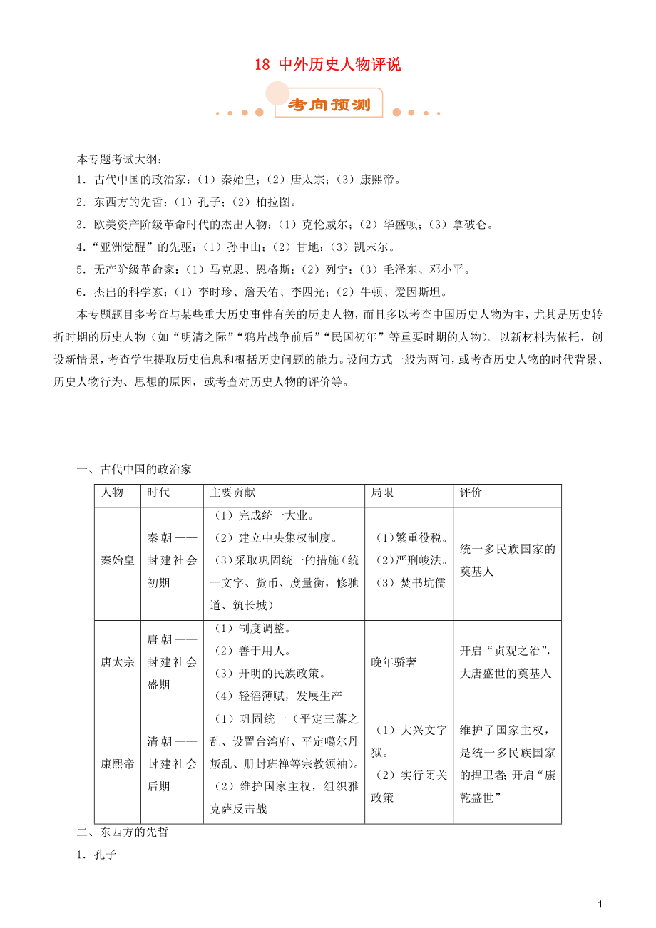 2019屆高考歷史二輪復習 專題18 中外歷史人物評說學案_第1頁