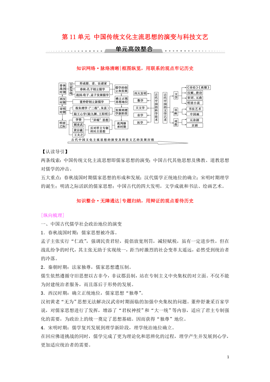 海南省2019屆高考?xì)v史一輪總復(fù)習(xí) 模塊三 文化成長歷程 第11單元 中國傳統(tǒng)文化主流思想的演變與科技文藝單元高考整合學(xué)案_第1頁