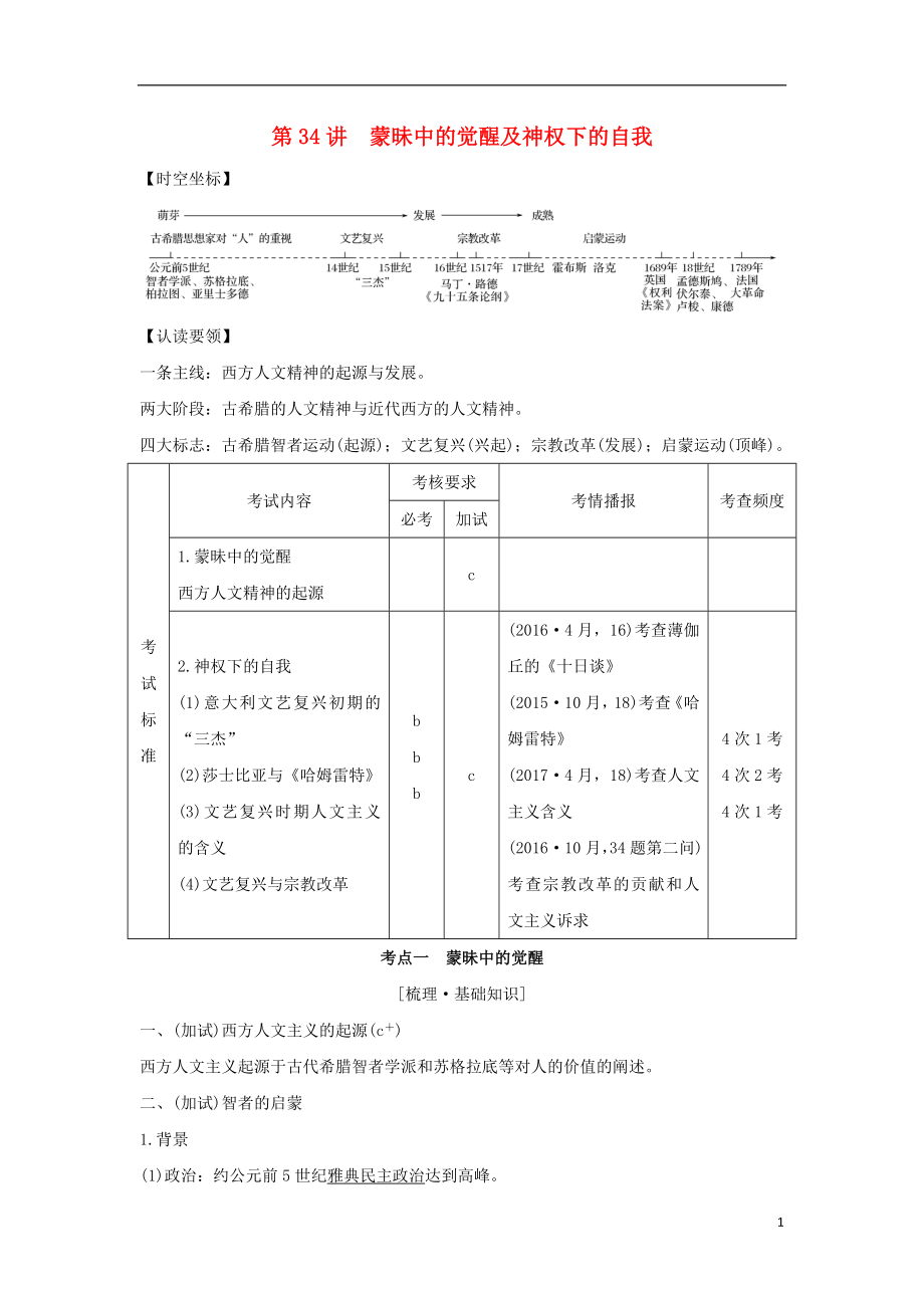 （浙江專版）2019版高考?xì)v史大一輪復(fù)習(xí) 專題十五 西方人文精神的起源與發(fā)展 第34講 蒙昧中的覺(jué)醒及神權(quán)下的自我學(xué)案_第1頁(yè)