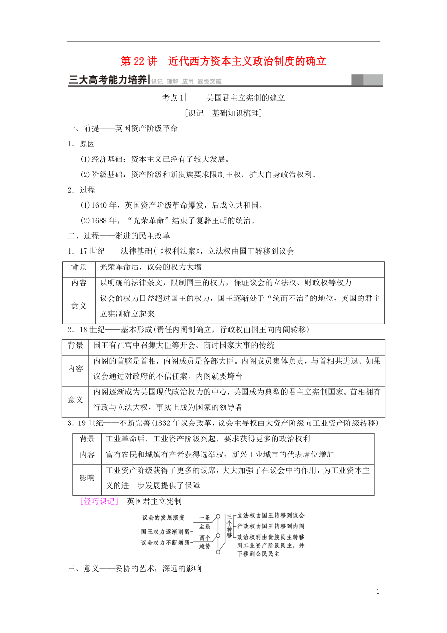 （通史版通用）2019版高考歷史一輪總復習 第3部分 世界古代近代史 第7單元 第22講 近代西方資本主義政治制度的確立學案_第1頁