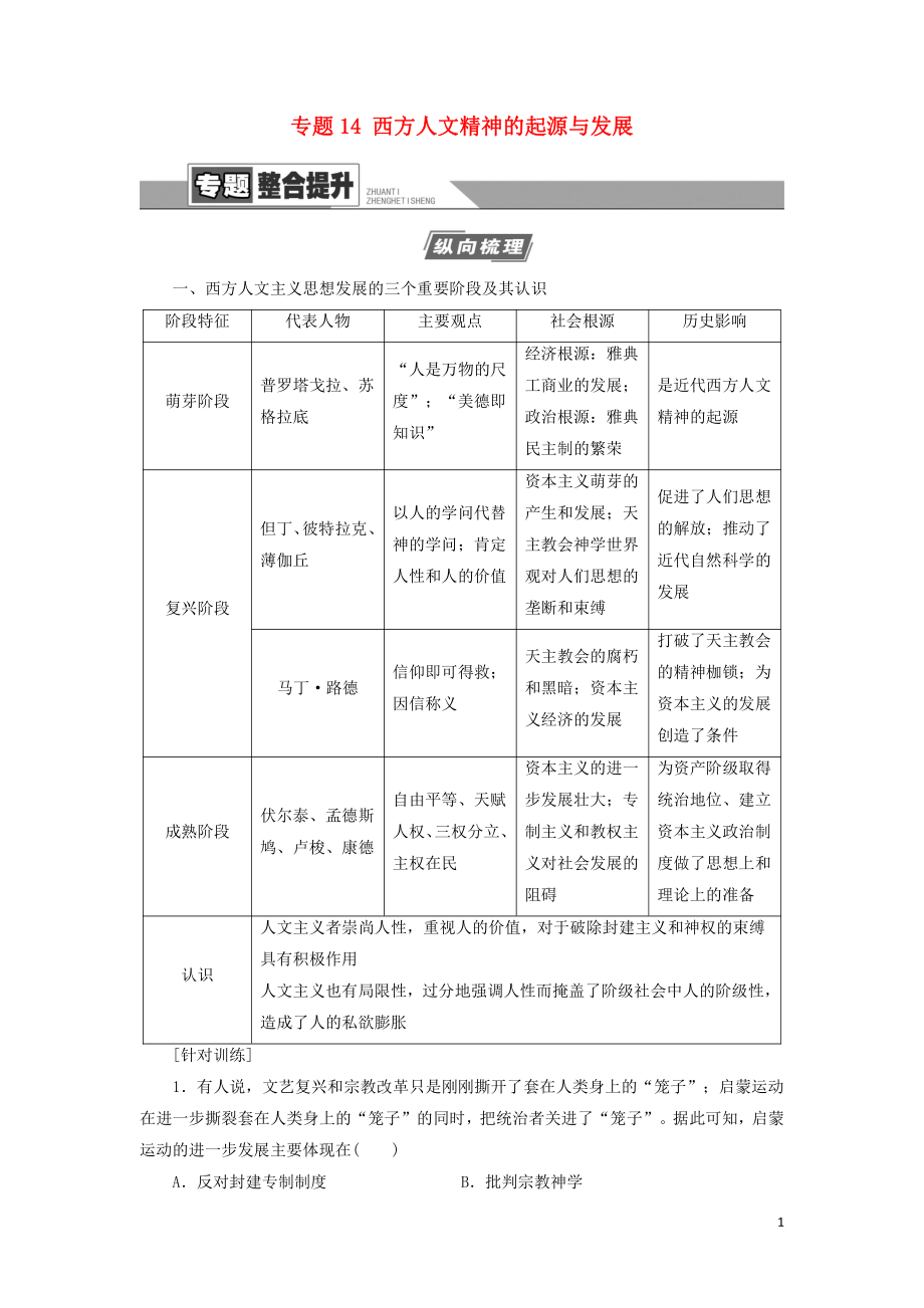 2021屆高考?xì)v史一輪復(fù)習(xí) 模塊3 專題14 西方人文精神的起源與發(fā)展專題整合提升教學(xué)案 人民版_第1頁(yè)