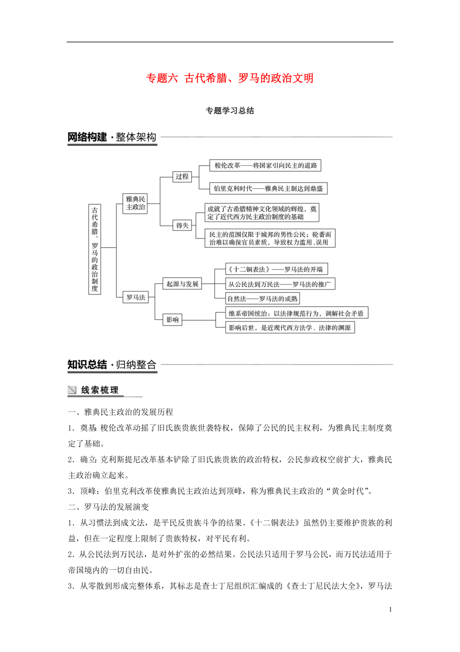 （浙江專用版）2018-2019高中歷史 專題六 古代希臘、羅馬的政治文明專題學習總結學案 人民版必修1_第1頁