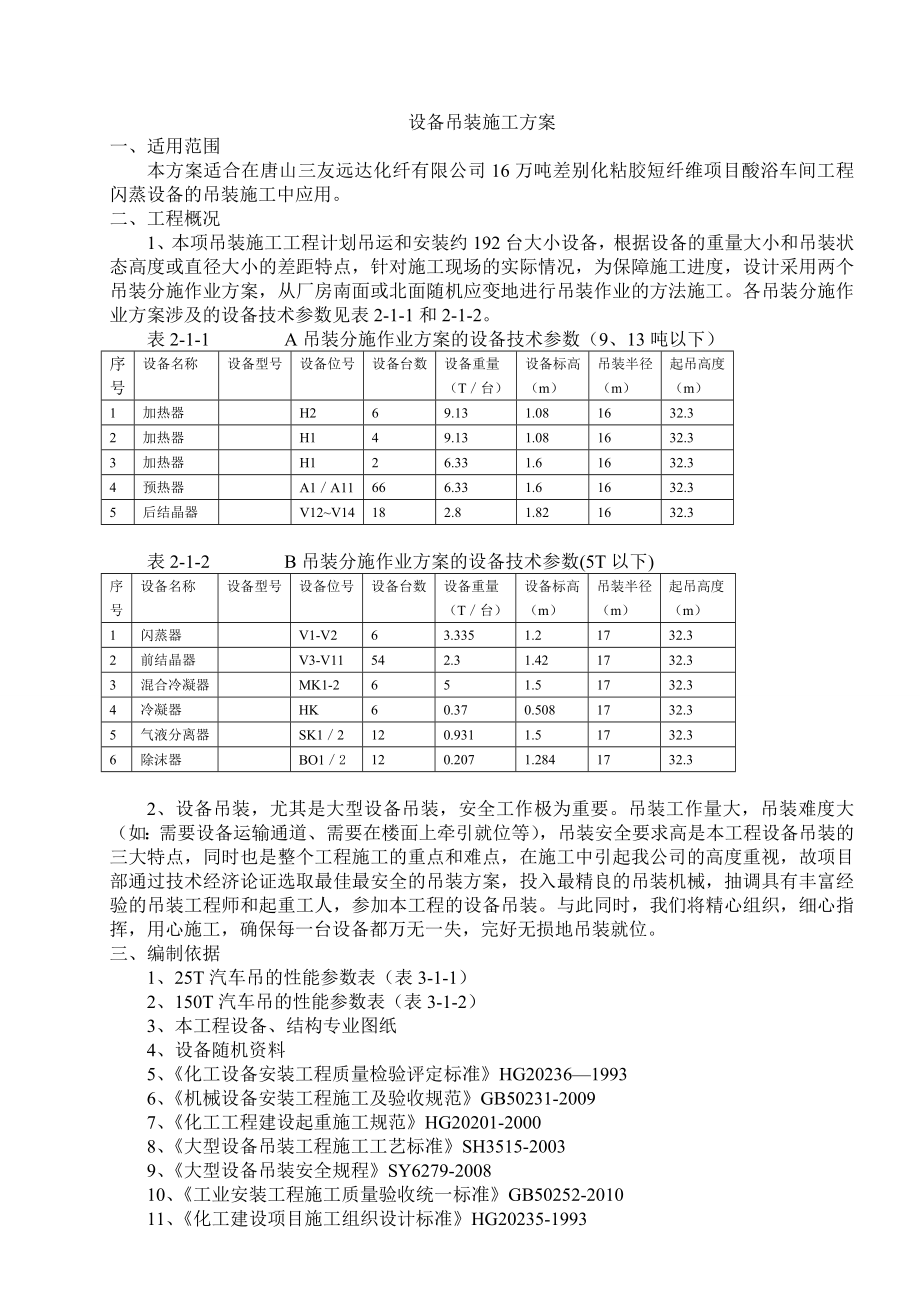 河北某化工项目车间工程闪蒸设备吊装施工方案_第1页