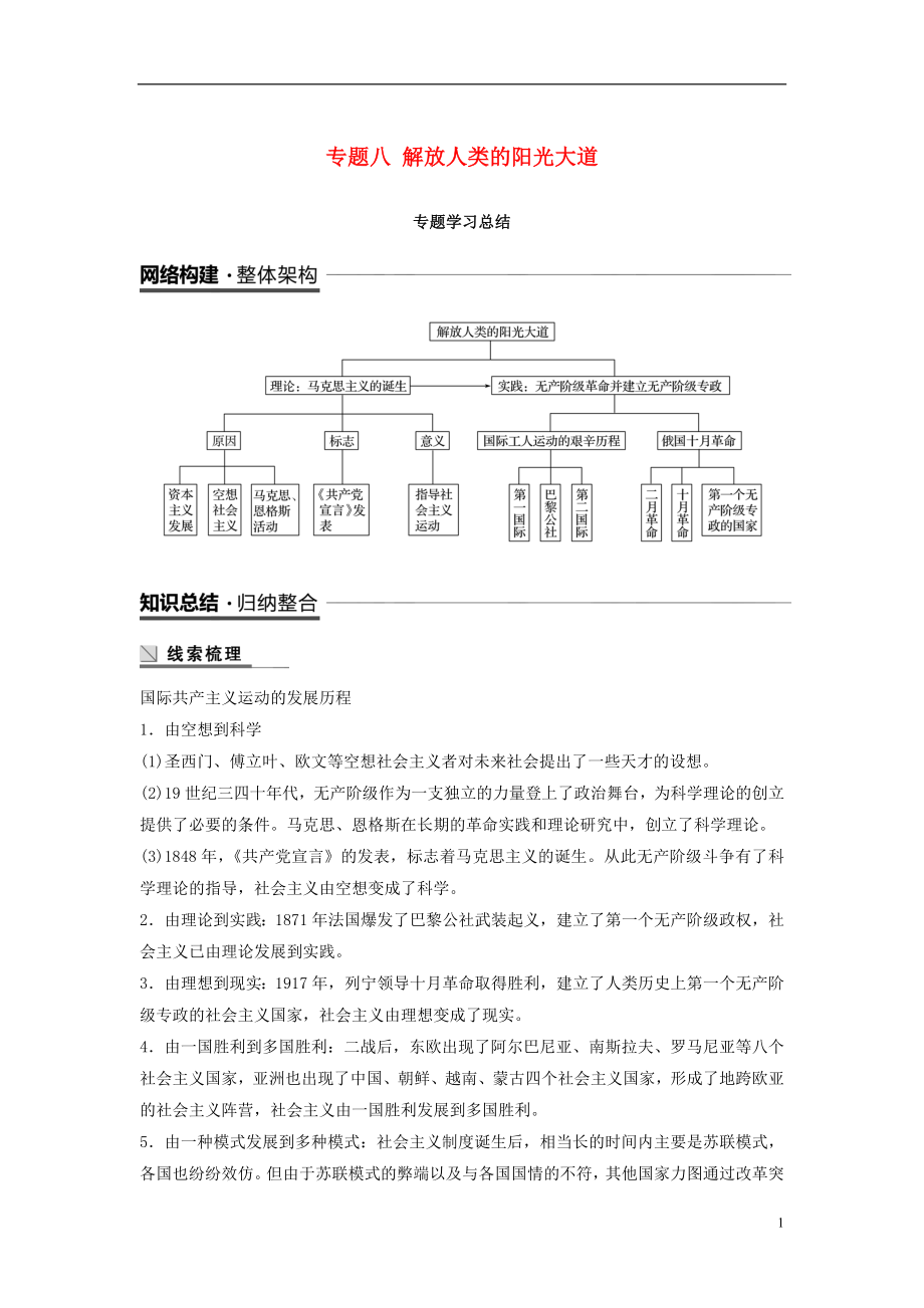 （全国通用版）2018-2019学年高中历史 专题八 解放人类的阳光大道专题学习总结学案 人民版必修1_第1页