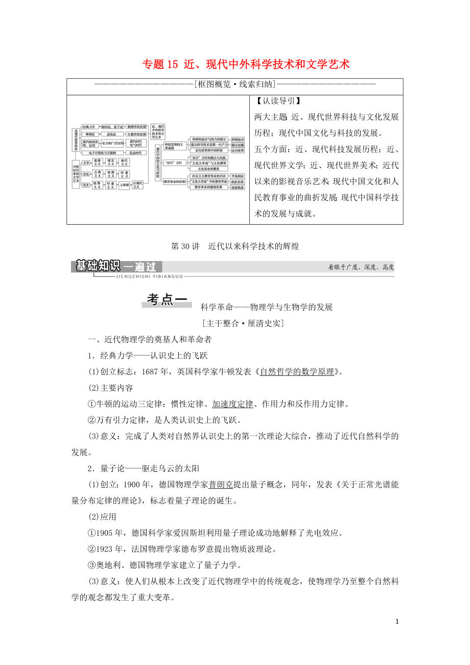 2021屆高考?xì)v史一輪復(fù)習(xí) 模塊3 專題15 近、現(xiàn)代中外科學(xué)技術(shù)和文學(xué)藝術(shù) 第30講 近代以來(lái)科學(xué)技術(shù)的輝煌教學(xué)案 人民版_第1頁(yè)