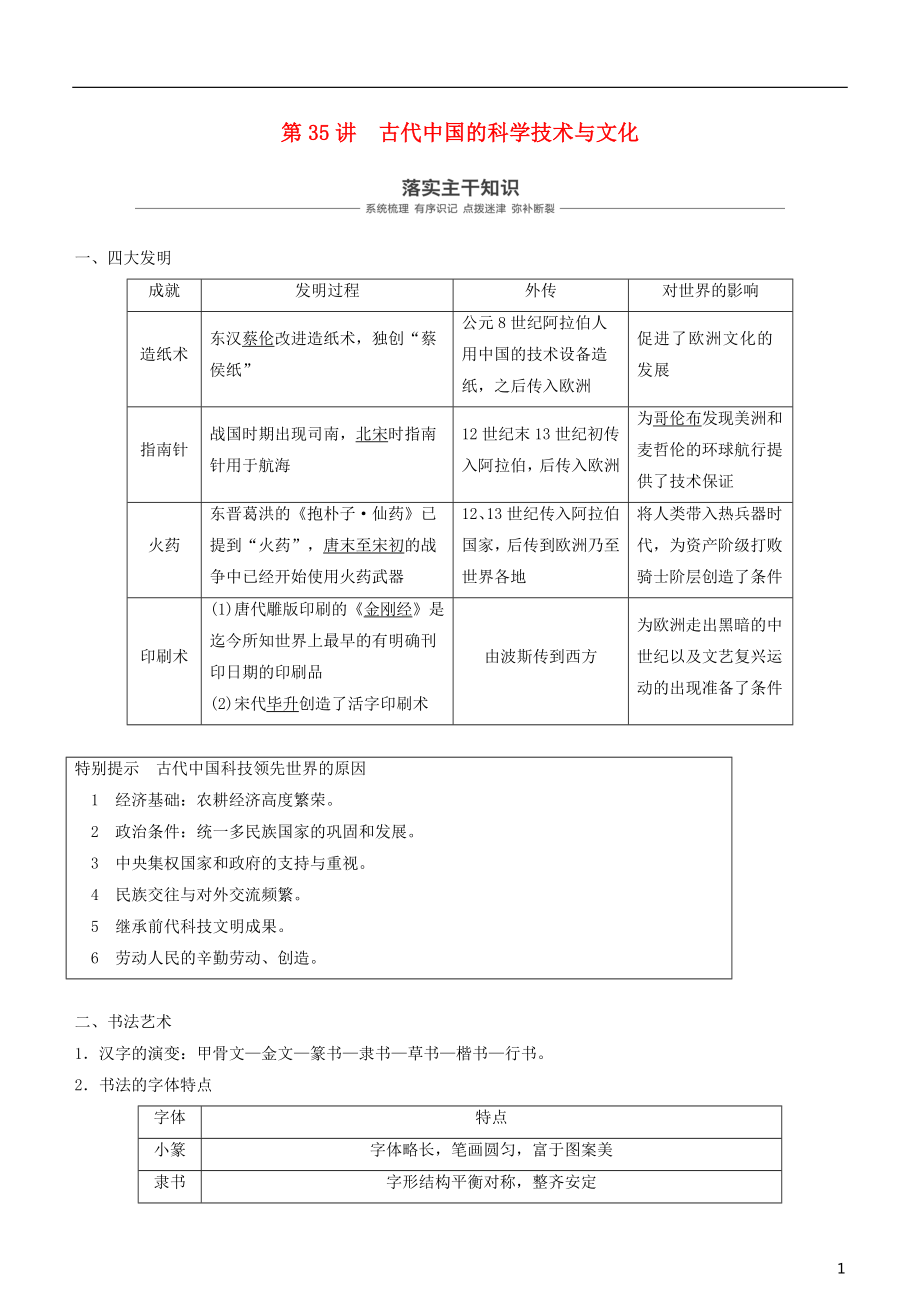 2019年度高考?xì)v史一輪復(fù)習(xí) 專題十二 中國傳統(tǒng)文化主流思想的演變與古代科技文化 第35講 古代中國的科學(xué)技術(shù)與文化學(xué)案_第1頁