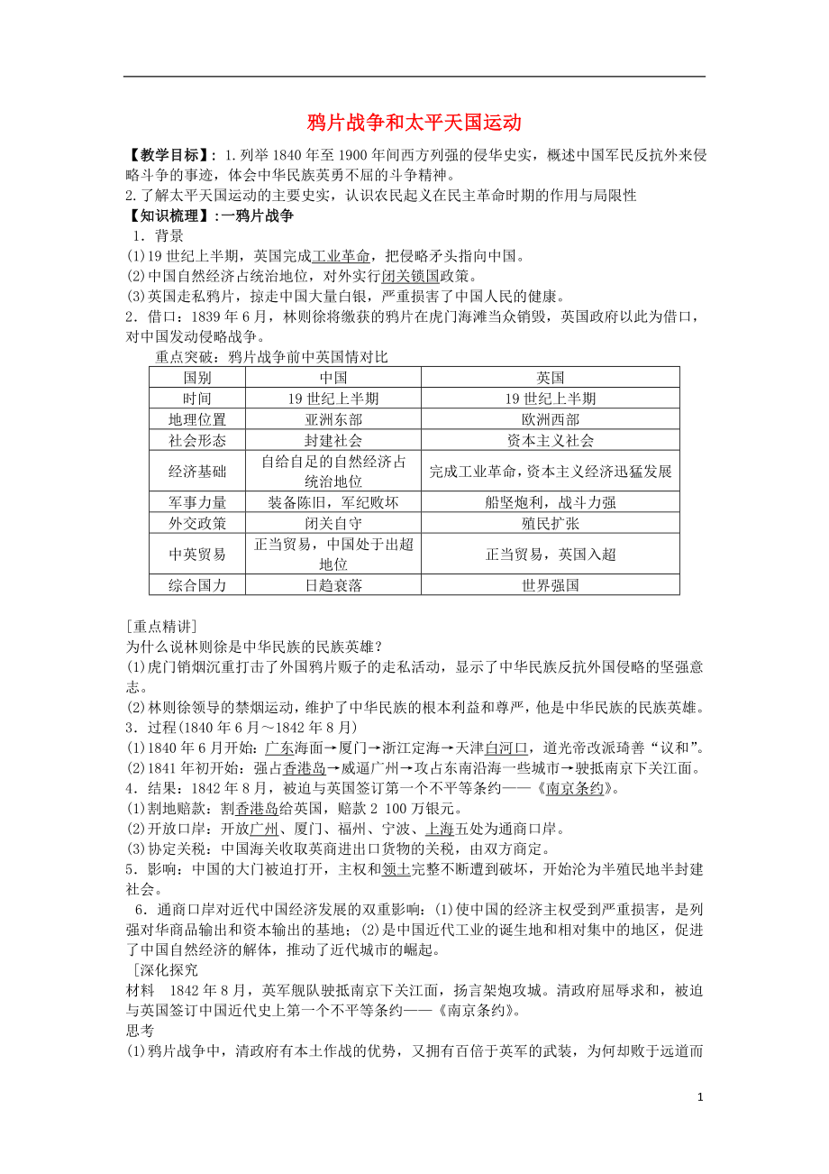 河南省确山县第二高级中学2016届高考历史一轮复习 考点10 鸦片战争和太平天国学案_第1页