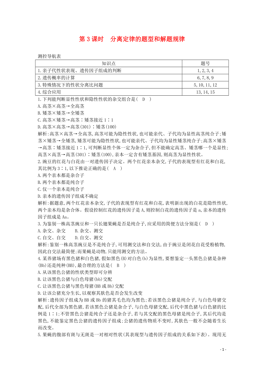 2020版高中生物 第1章 遺傳因子的發(fā)現(xiàn) 第1節(jié) 第3課時 分離定律的題型和解題規(guī)律課時作業(yè)（含解析）新人教版必修2_第1頁