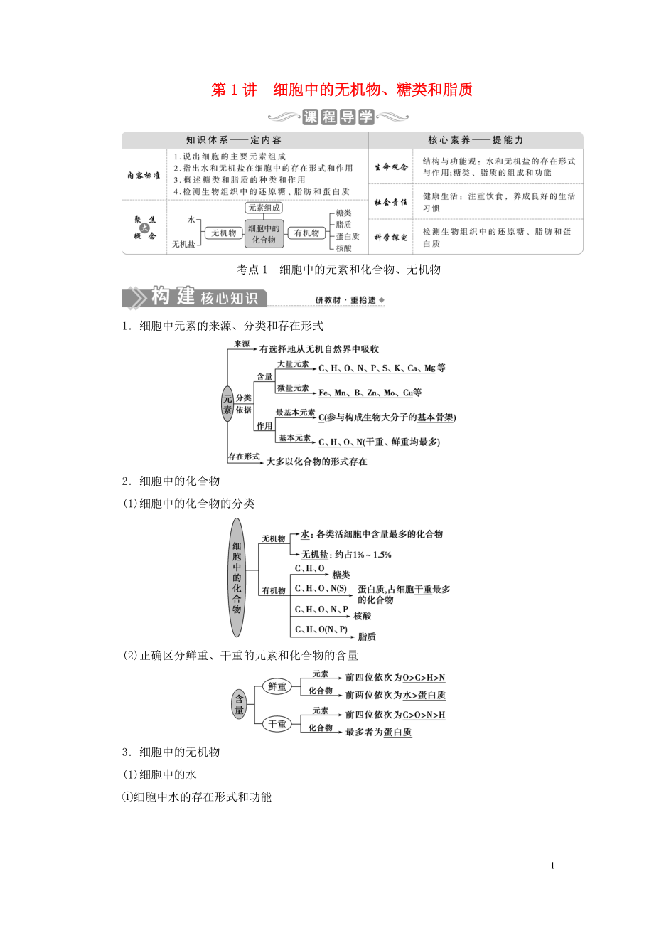 （選考）2021版新高考生物一輪復(fù)習(xí) 第一單元 細(xì)胞的分子組成 第1講 細(xì)胞中的無(wú)機(jī)物、糖類和脂質(zhì)學(xué)案 新人教版_第1頁(yè)