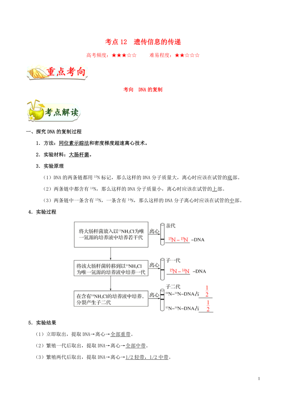 浙江新高考備戰(zhàn)2020年高考生物 考點一遍過12 遺傳信息的傳遞（含解析）_第1頁