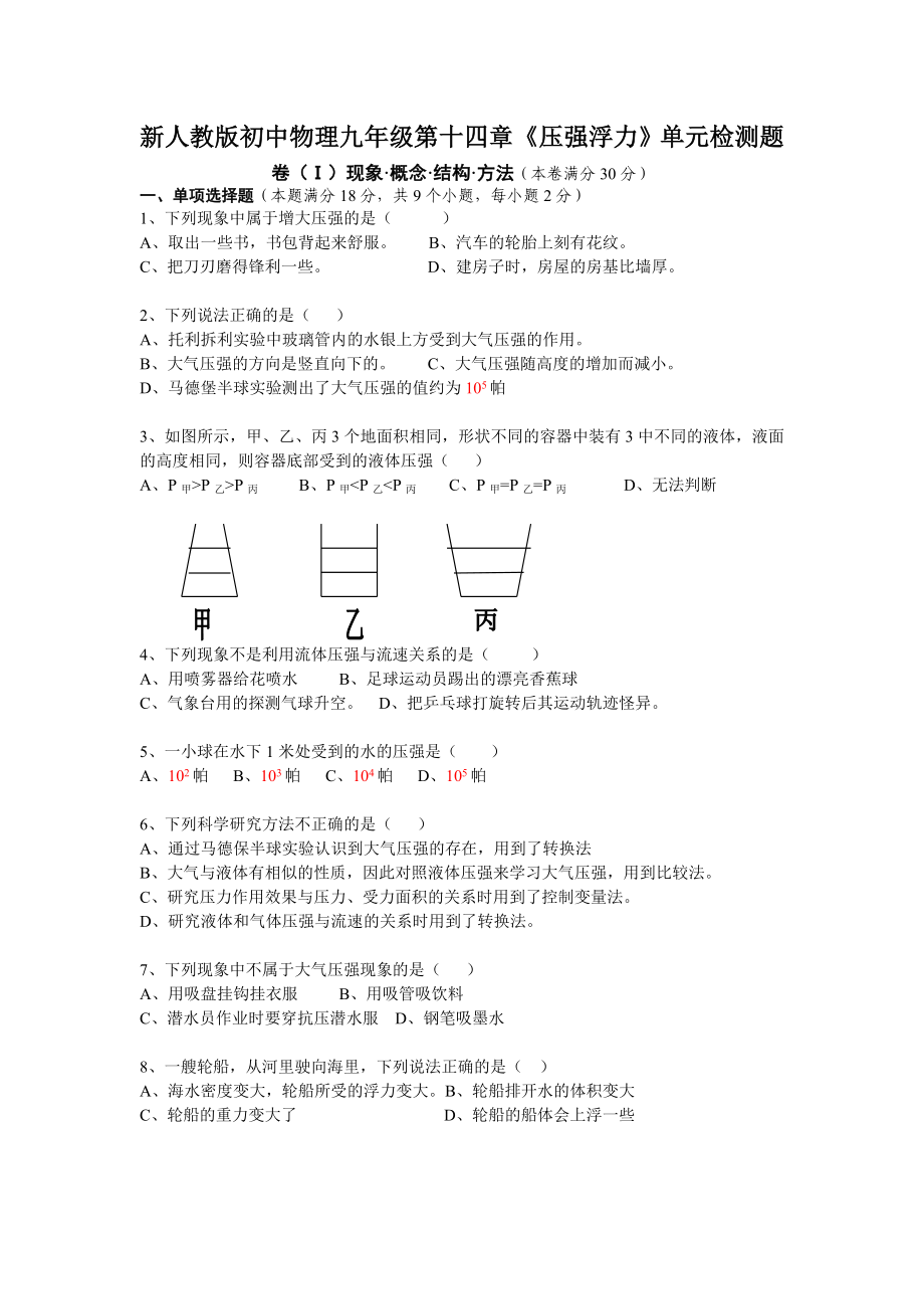 初中物理九年級第十四章《壓強(qiáng)浮力》單元檢測題_第1頁