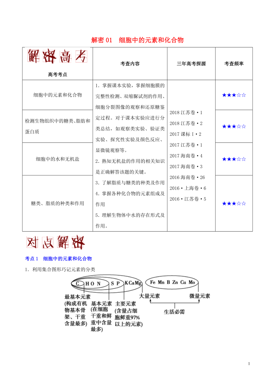 备战2019年高考生物 高频考点解密 专题01 细胞中的元素和化合物_第1页