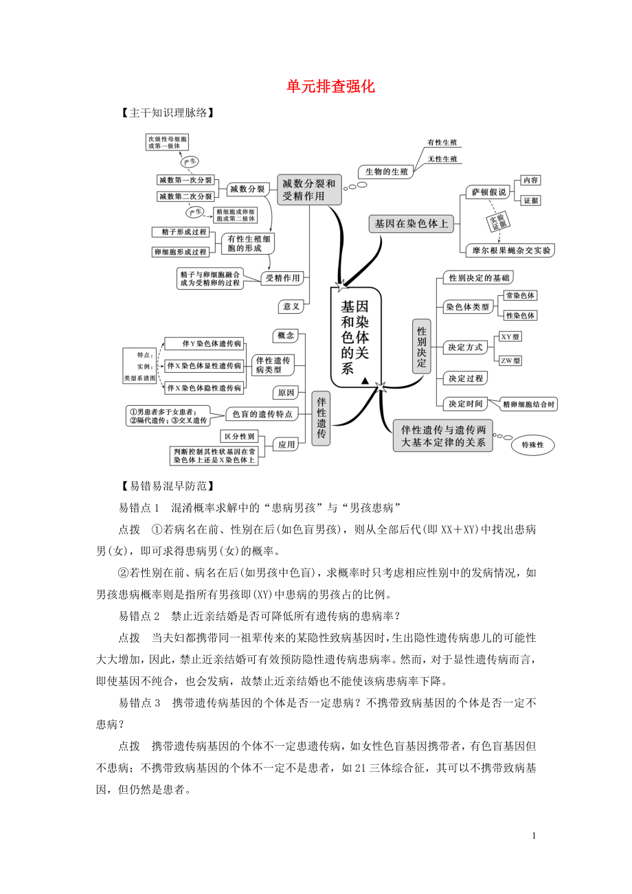 2020新教材高中生物 第2章 基因和染色體的關(guān)系單元排查強(qiáng)化 新人教版第二冊_第1頁