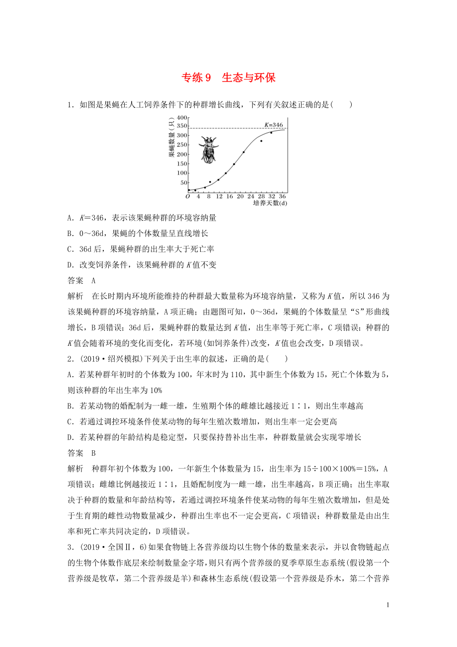 （浙江專用）2020年高考生物 考前增分專項(xiàng)練輯 專項(xiàng)1 選擇題速練 專練9 生態(tài)與環(huán)保（含解析）_第1頁