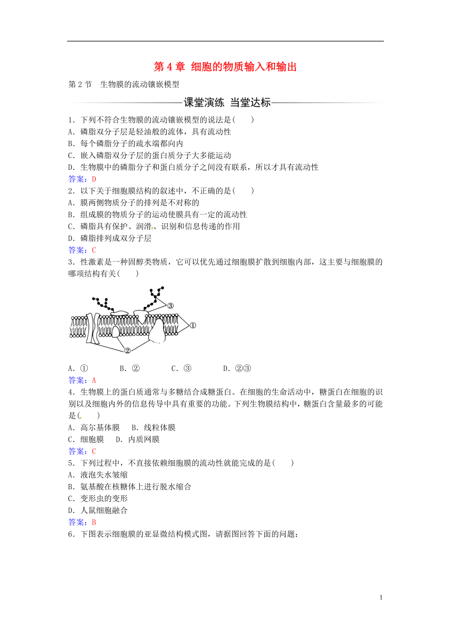 2016年秋高中生物 第4章 第2節(jié) 生物膜的流動(dòng)鑲嵌模型練習(xí) 新人教版必修1_第1頁