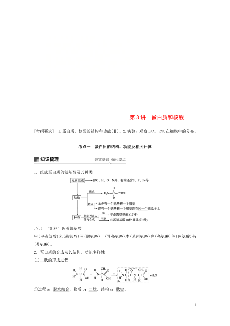 2018-2019學(xué)年高考生物大一輪復(fù)習(xí) 第一單元 細(xì)胞的概述及其分子組成 第3講 蛋白質(zhì)和核酸學(xué)案_第1頁