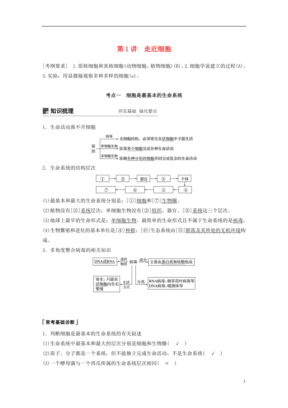 （江蘇通用）2019版高考生物大一輪復習 第一單元 細胞的概述及其分子組成 第1講 走近細胞學案_第1頁