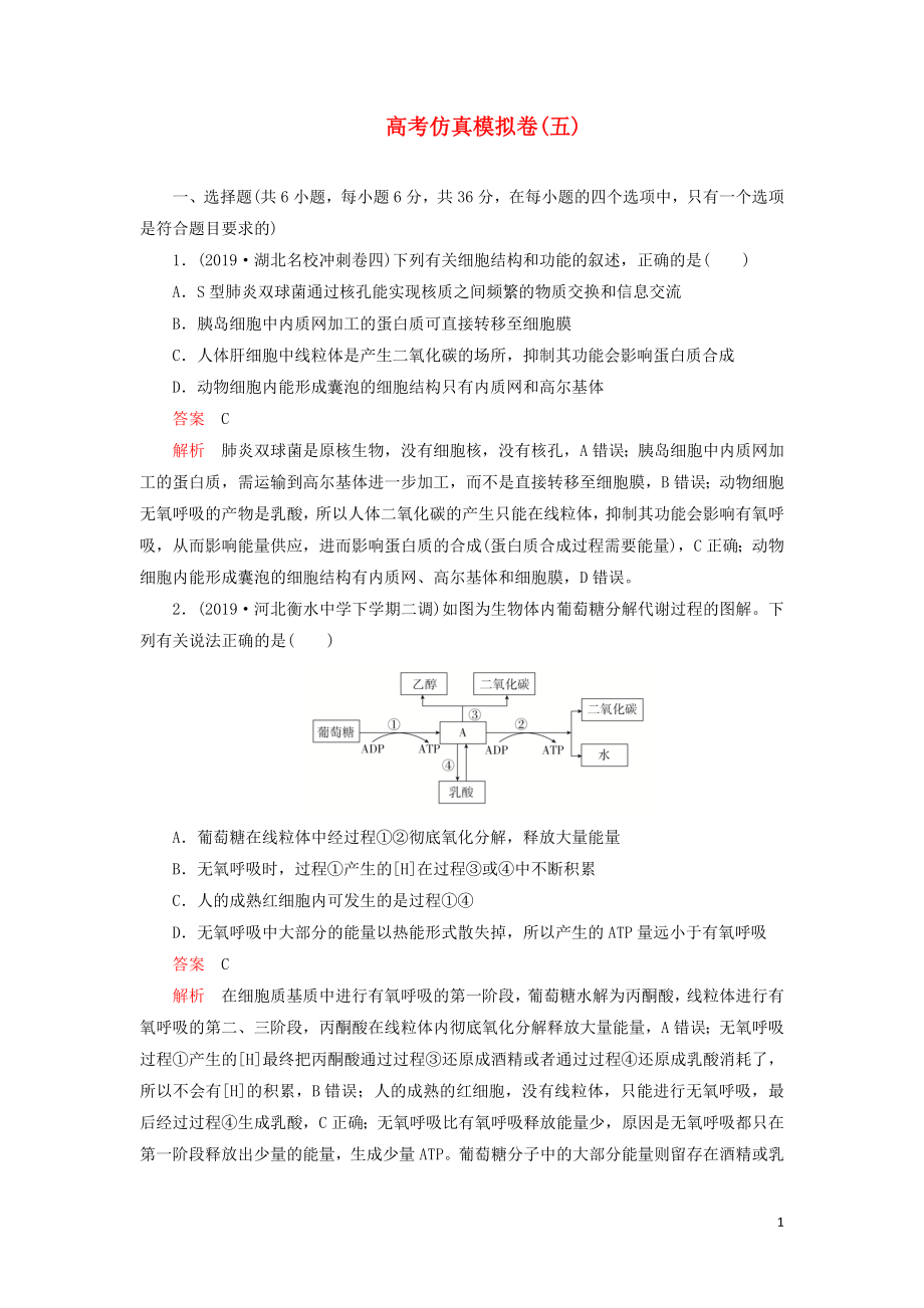 2020年高考生物 刷題1+1（2019高考題+2019模擬題）高考仿真模擬卷（五）（含解析）_第1頁