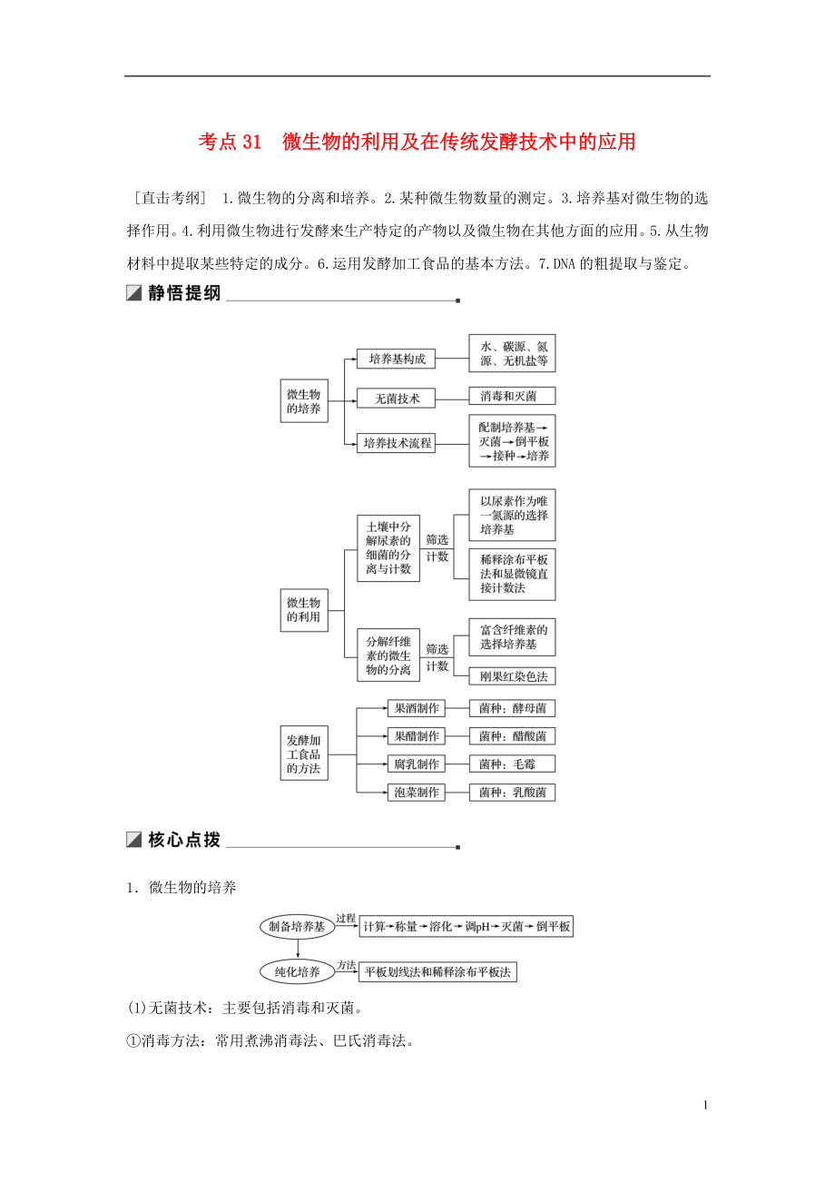 （通用版）2019版高考生物二輪復(fù)習(xí) 專(zhuān)題十一 生物技術(shù)實(shí)踐 考點(diǎn)31 微生物的利用及在傳統(tǒng)發(fā)酵技術(shù)中的應(yīng)用學(xué)案_第1頁(yè)