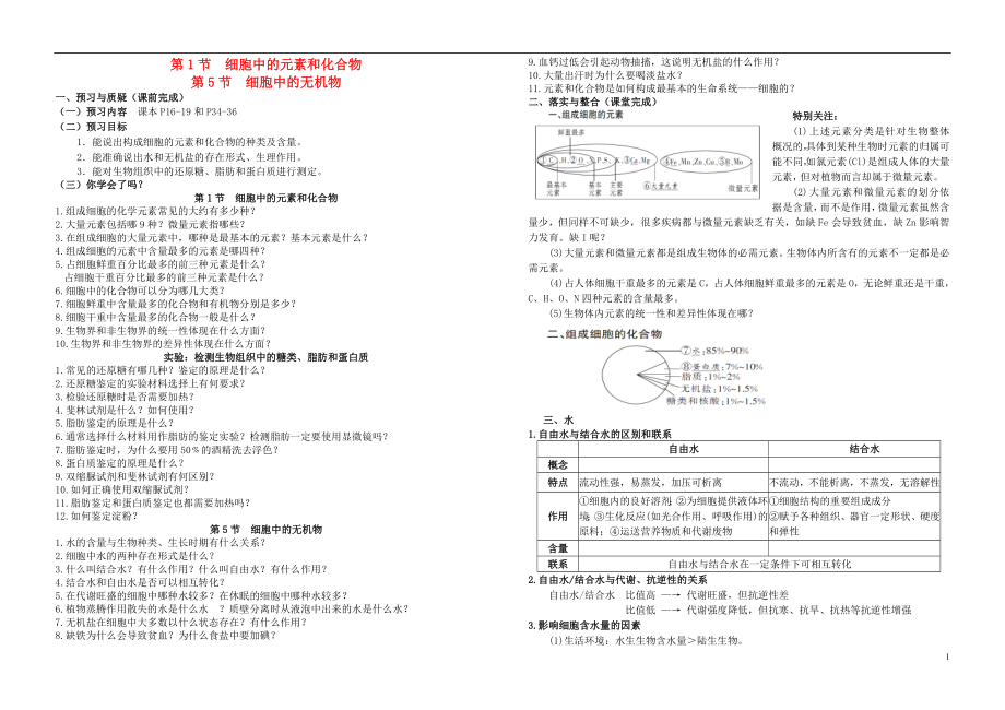 河南省鄭州市第五中學(xué)高考生物復(fù)習(xí) 第2章 第1、5節(jié) 細(xì)胞中的元素和化合物 細(xì)胞中的無機物導(dǎo)學(xué)案 新人教版必修1_第1頁