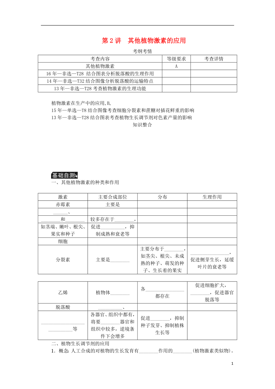 （江蘇專用）2019年高考生物一輪總復(fù)習(xí) 第9單元 植物的激素調(diào)節(jié) 第2講 其他植物激素的應(yīng)用學(xué)案_第1頁(yè)