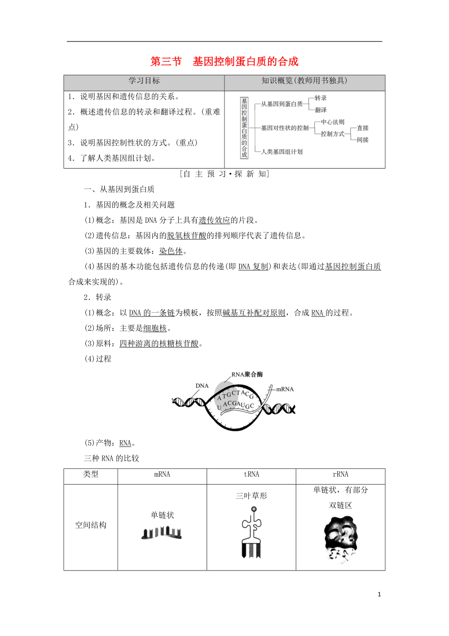 2018-2019高中生物 第4章 遺傳的分子基礎(chǔ) 第3節(jié) 基因控制蛋白質(zhì)的合成學(xué)案 蘇教版必修2_第1頁(yè)