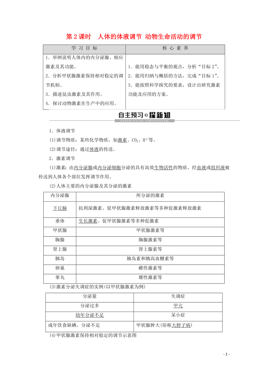 2019-2020学年高中生物 第2章 生物个体的稳态 第2节 人体生命活动的调节 第3节 动物生命活动的调节 第2课时 人体的体液调节 动物生命活动的调节学案 苏教版必修3_第1页